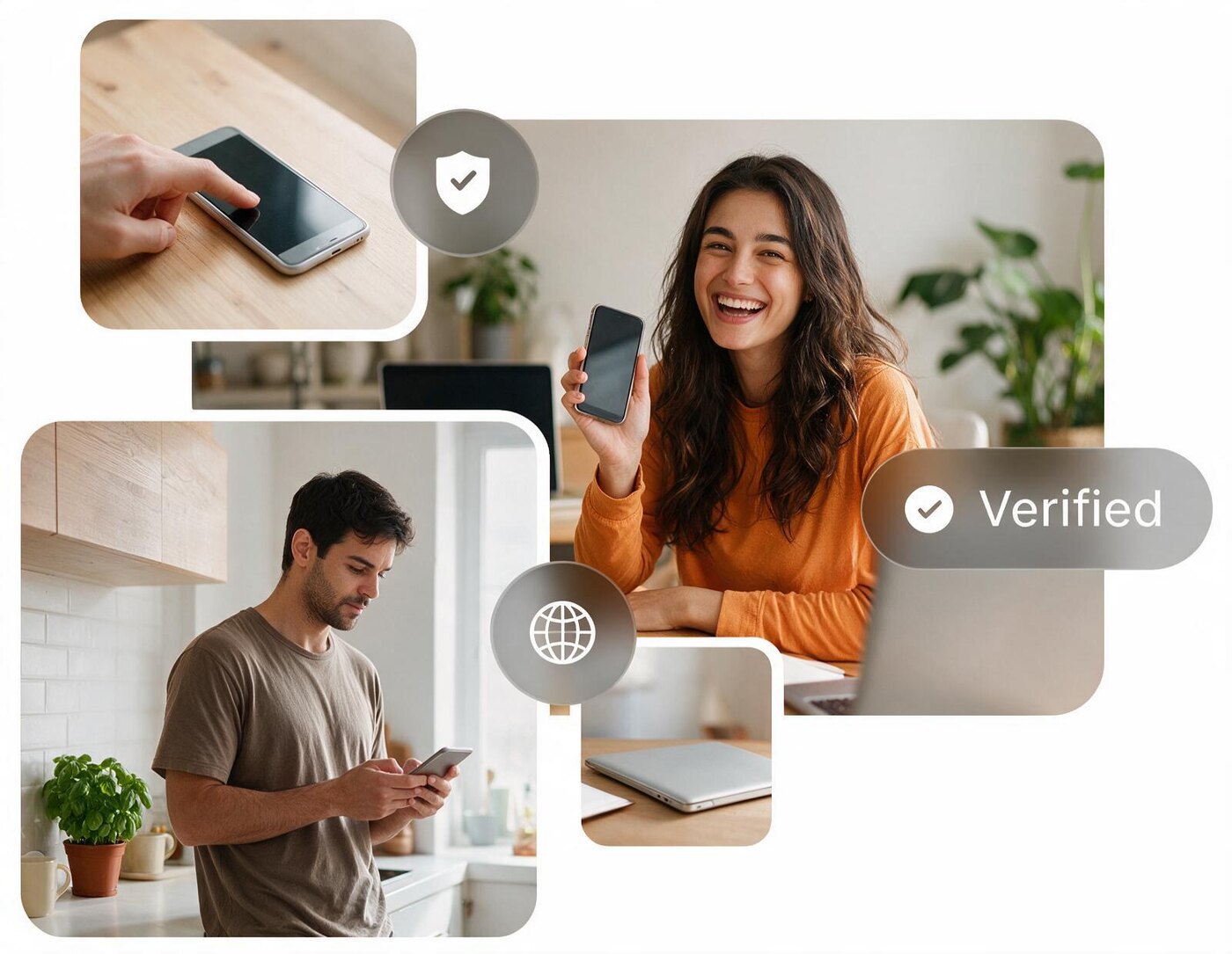 Three overlapping photographs of people setting up a domain on their phones, labelled Verified