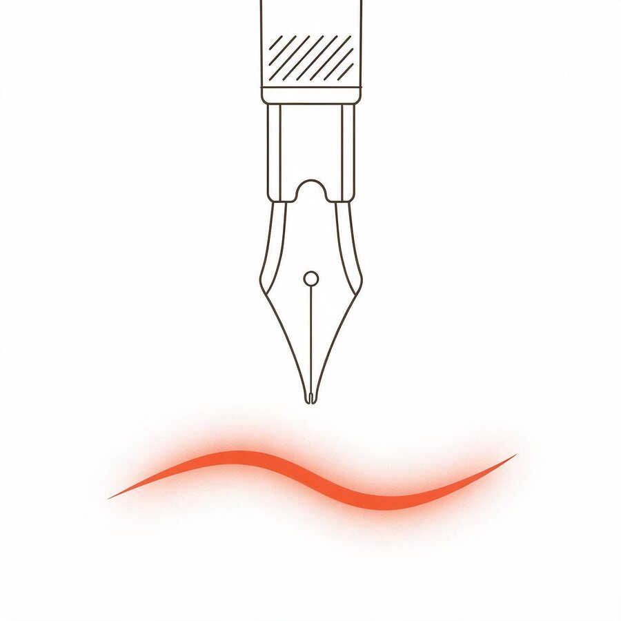A fountain pen nib over an ember signature stroke, for signatures and identity