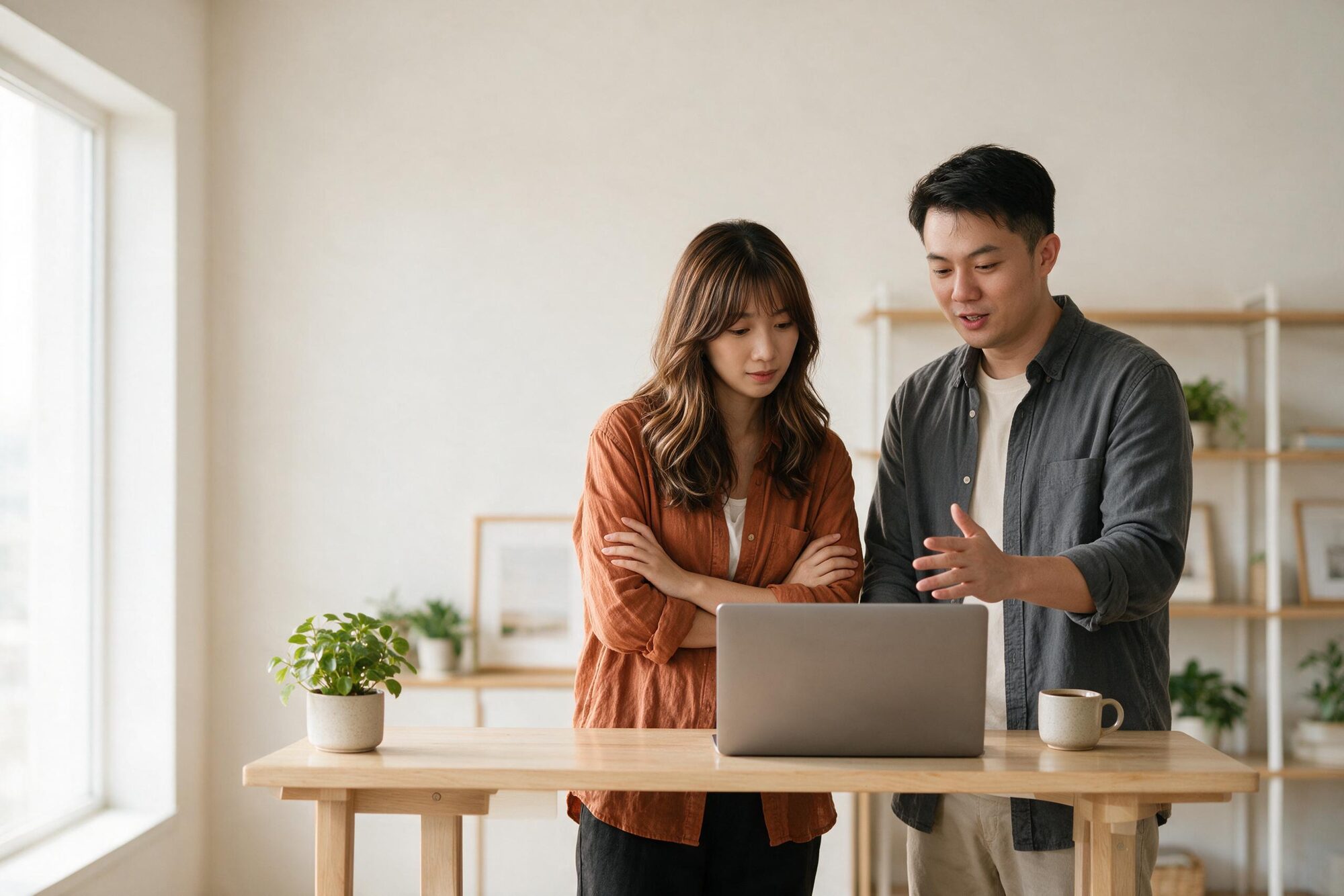 Two members of the Omucloud team reviewing work together at a desk