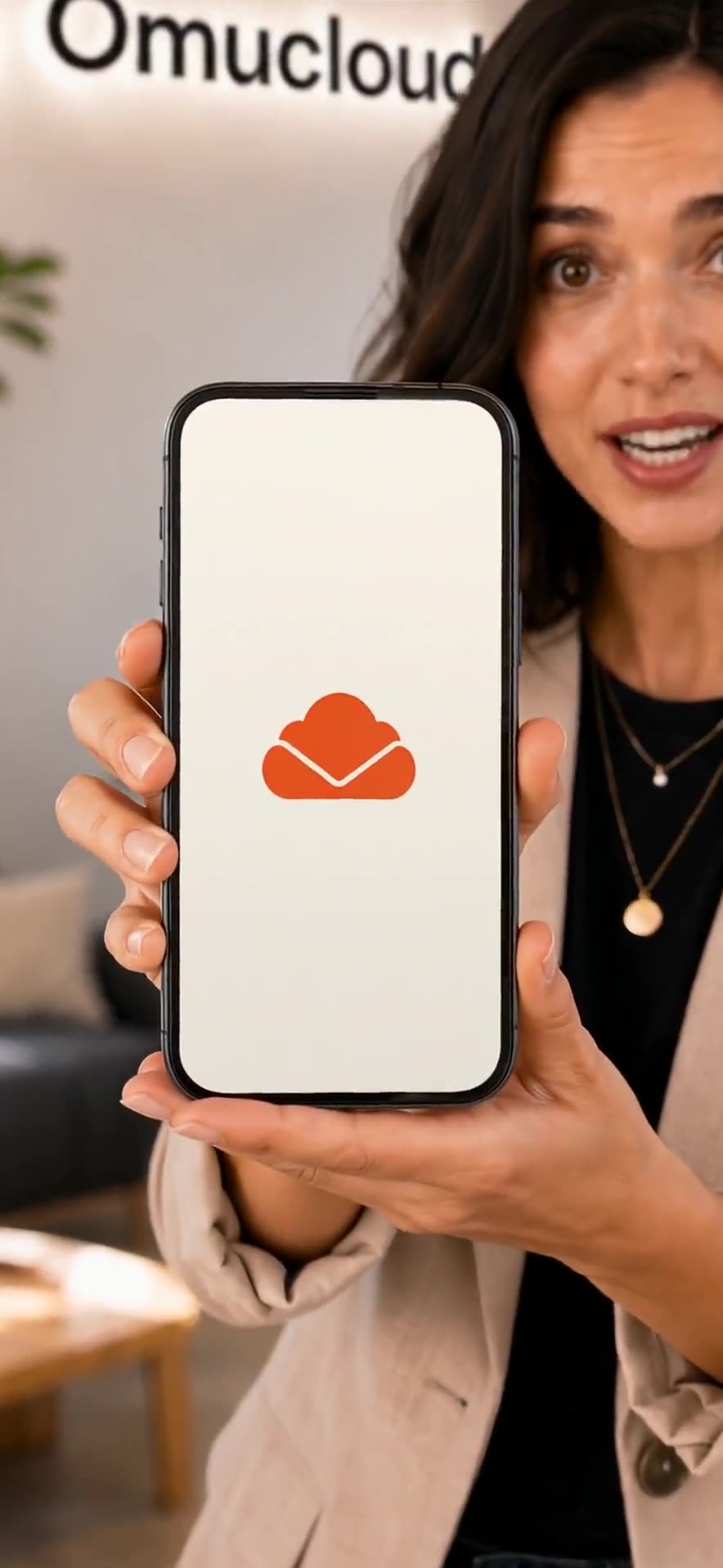A presenter holding a phone running Omucloud, ahead of a screen recording of the full domain setup